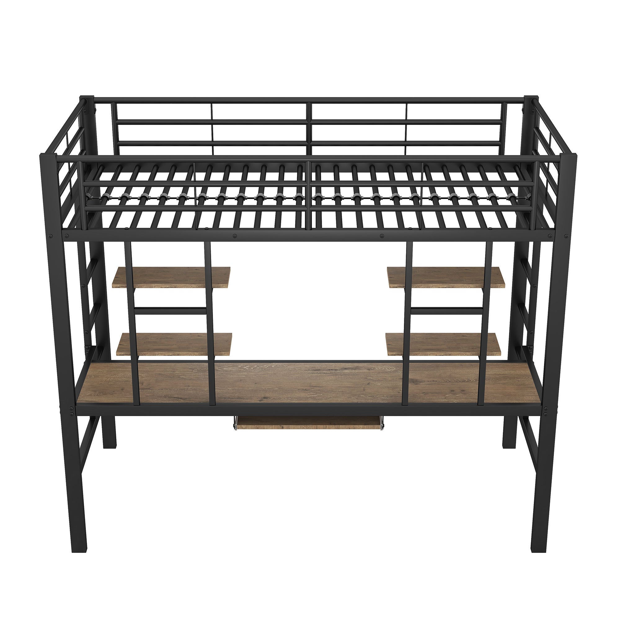 Łóżko piętrowe 90x200cm - z biurkiem i półkami - metalowa rama - czarne - 7