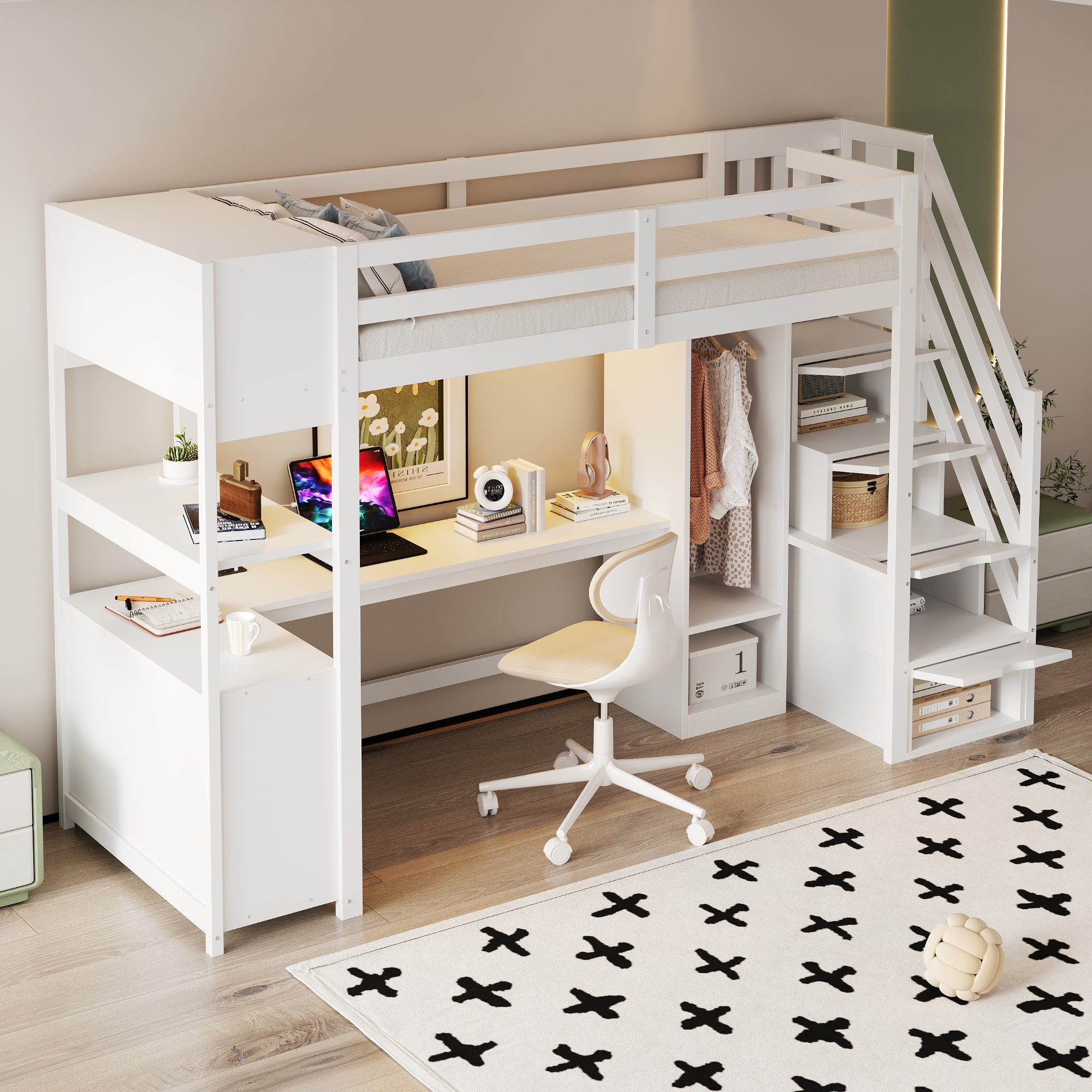 Lit mezzanine en bois 90x200cm avec bureau et éclairage LED, lit superposé enfant avec penderie, escalier rangement, Prises EU, naturel (sans matelas) - 5