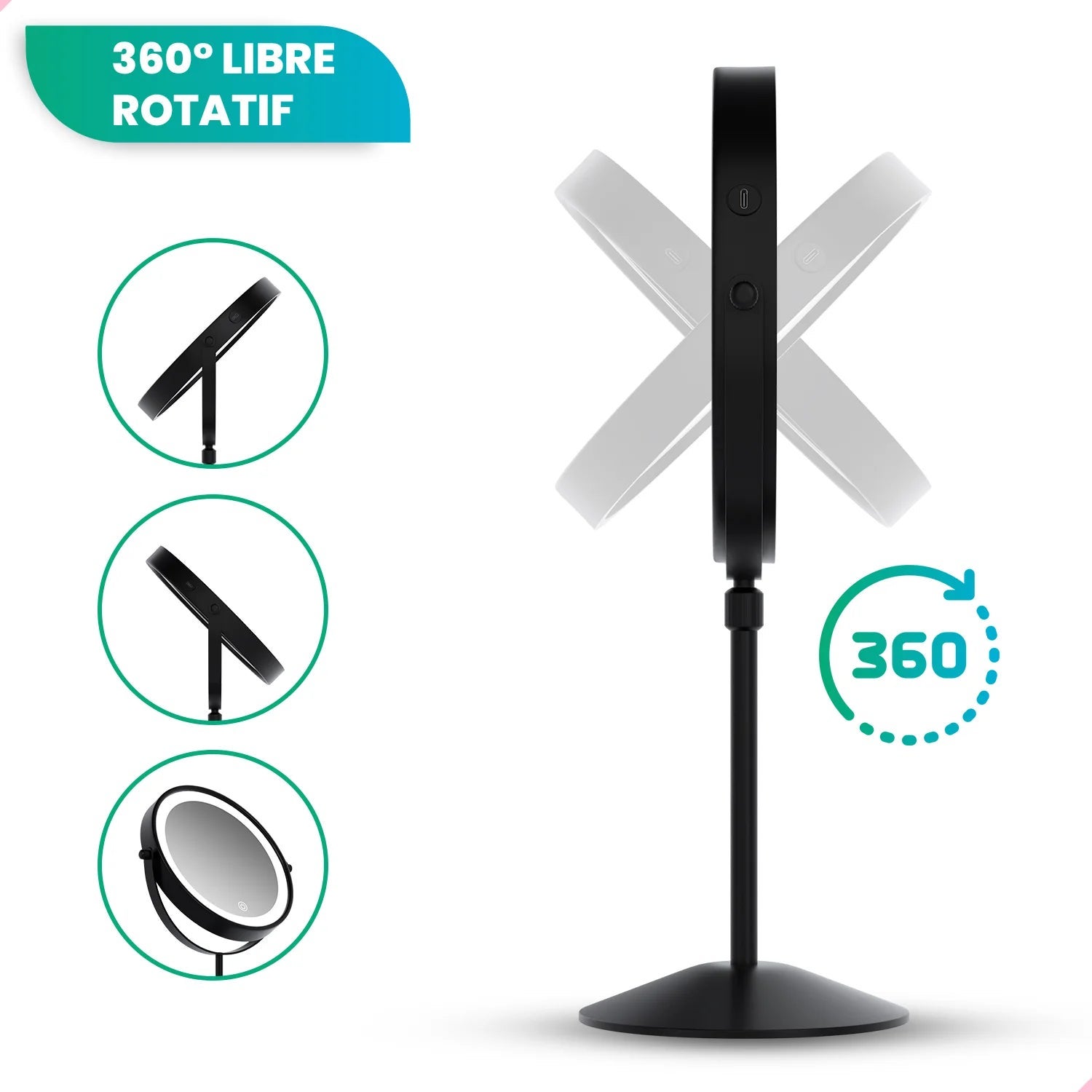 Mirlux Miroir de maquillage avec éclairage LED - Grossissement x10 - Hauteur réglable - 3 intensités lumineuses - Rechargeable - Noir - 5