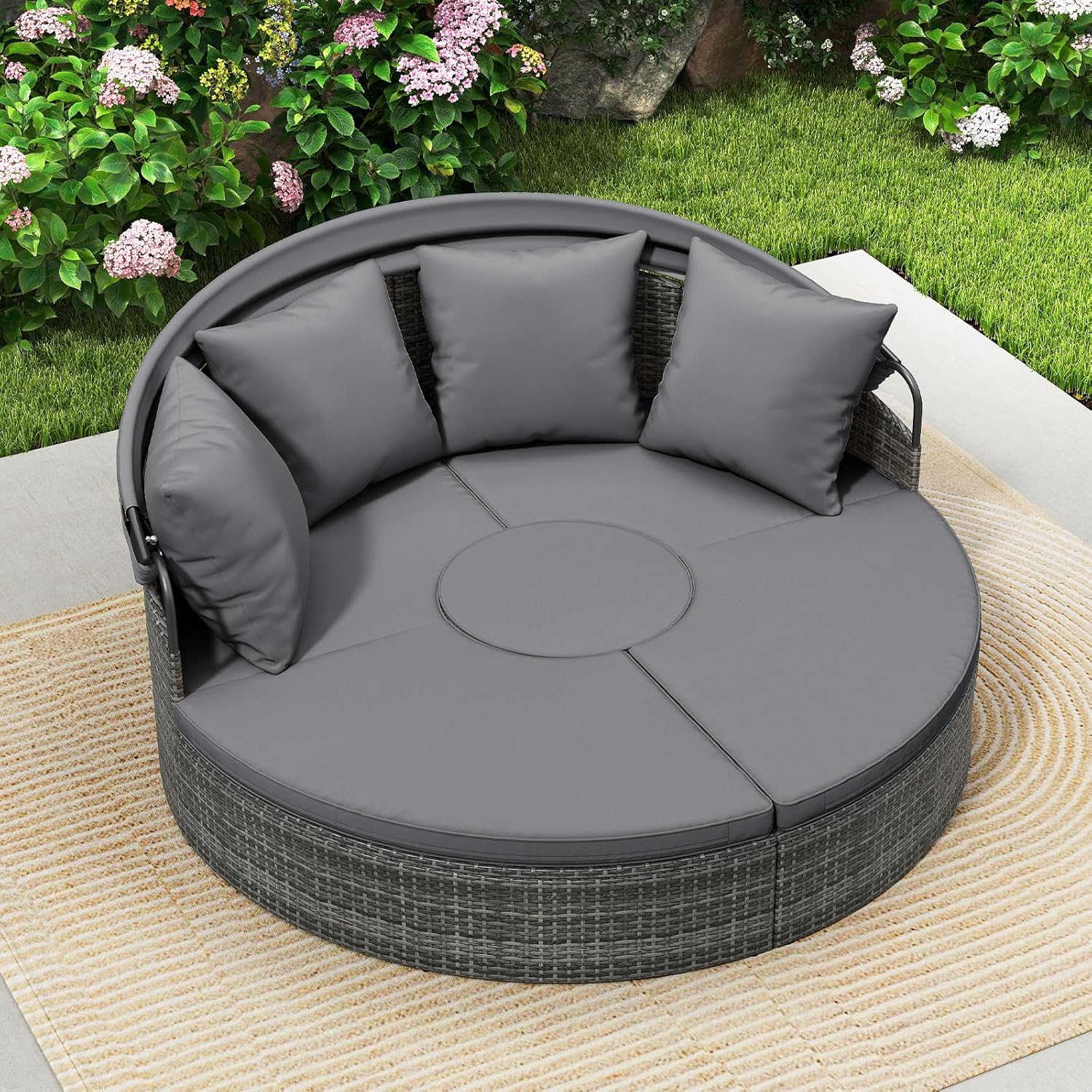Lit Rond d'Extérieur avec Auvent Rétractable, Canapé d'Extérieur en Sections en Rotin PE avec Coussins, pour Jardin, Piscine, Gris - 8