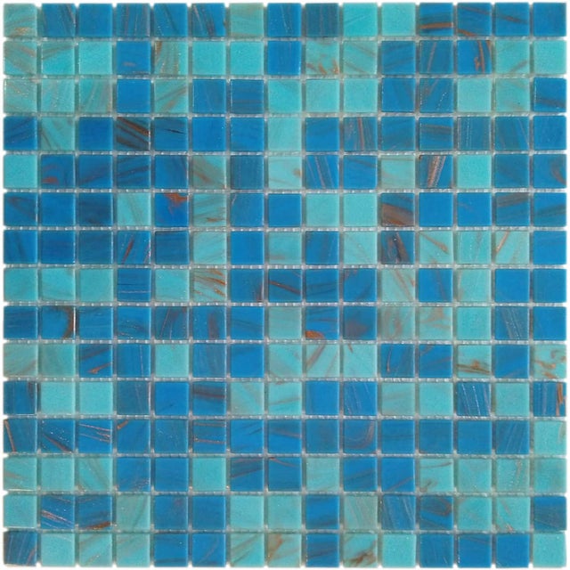 Mosaico su rete in vetro azzurro e turchese con sfumature oro. Mosaico per piscina, cucina e bagno - Spessore 4 mm - 1 MQ