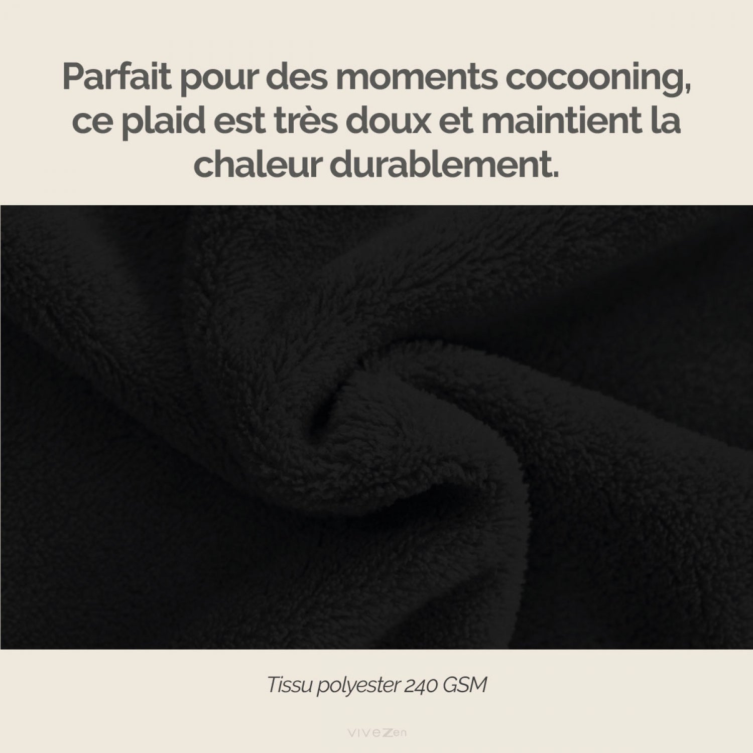 Couverture, plaid polaire 150 x 200 cm en flanelle ultra doux - Noir - Vivezen - 2