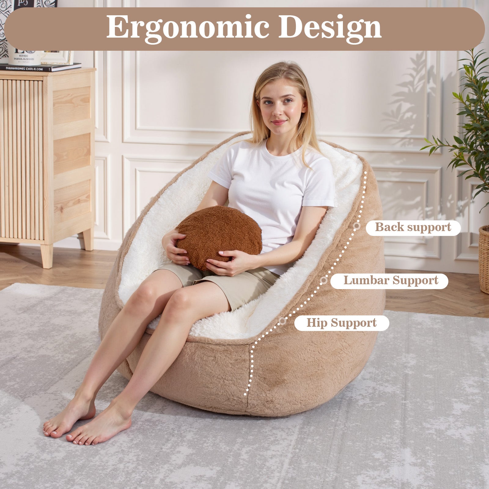 1x pouf bean bag fauteuil poire coussin 50x70cm confortable durable lavable léger salon intérieur extérieur - couleur coco - 3