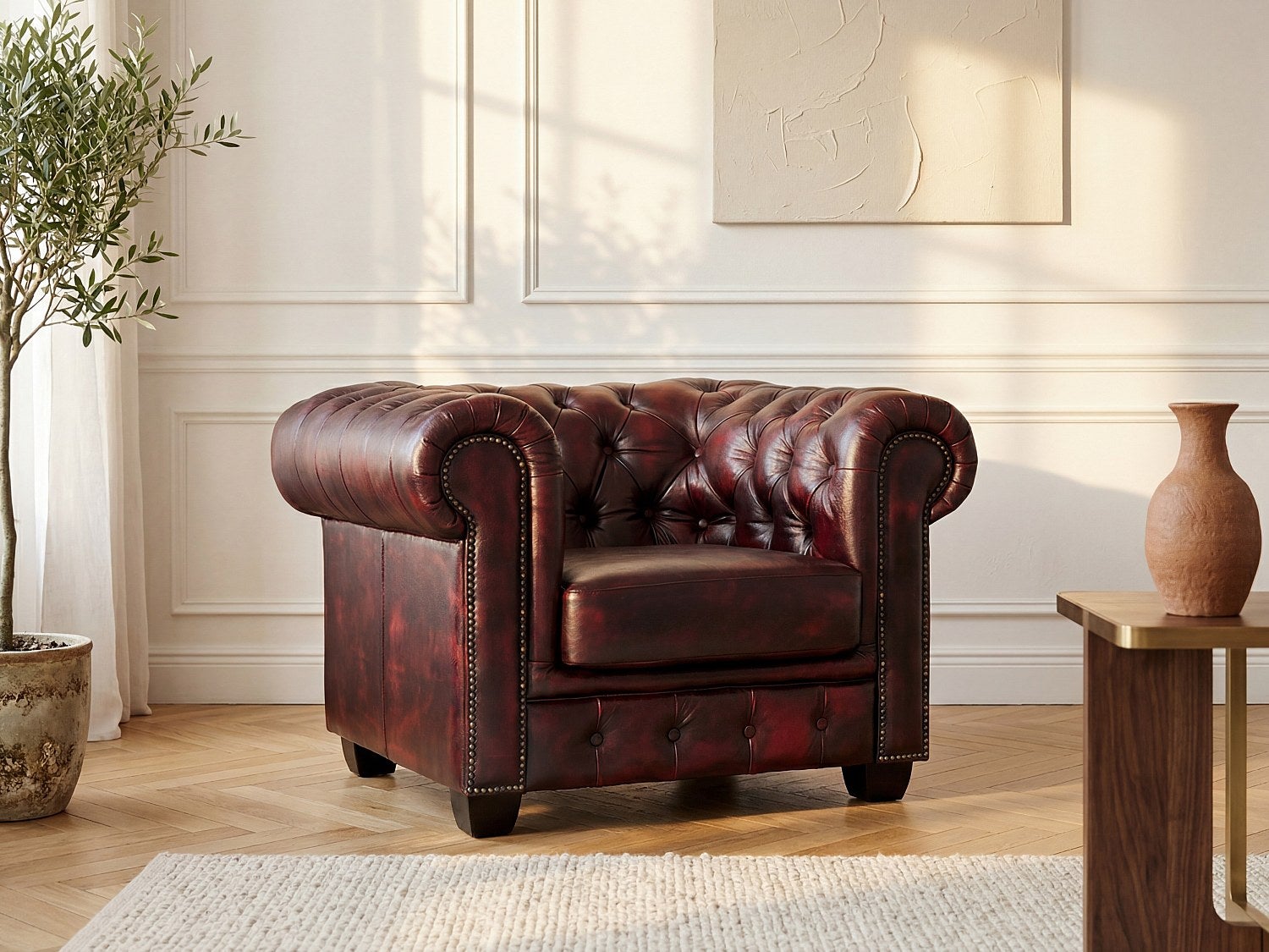 Fotel typu chesterfield 100% skóry bawolej BRENTON - Kolor: cherry