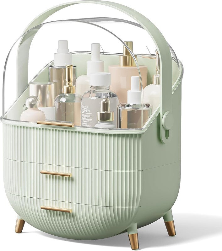 Nettlife luksusowy organizer do makijażu, duży i przenośny, wodoodporny pojemnik na kosmetyki z szufladami i uchwytem,jasnozielony