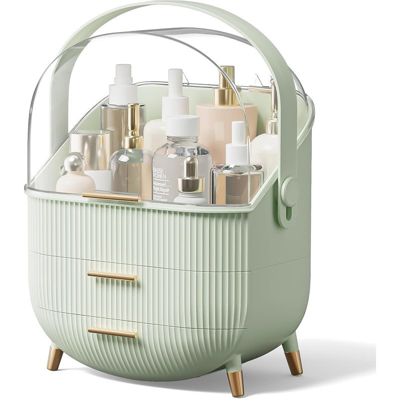 Nettlife luksusowy organizer do makijażu, duży i przenośny, wodoodporny pojemnik na kosmetyki z szufladami i uchwytem,jasnozielony