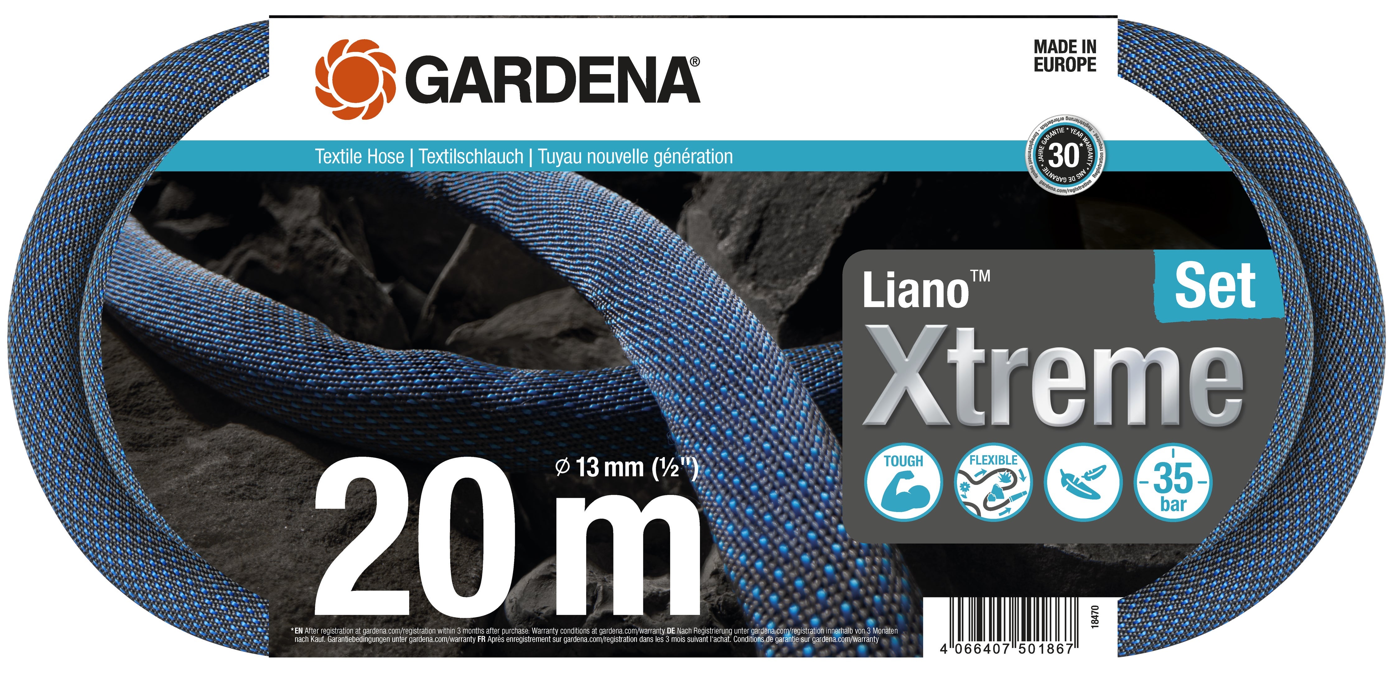 GARDENA 18470-20 Zestaw przewodów tekstylnych Liano™ Xtreme 20 m 1/2 cala 1 szt.
