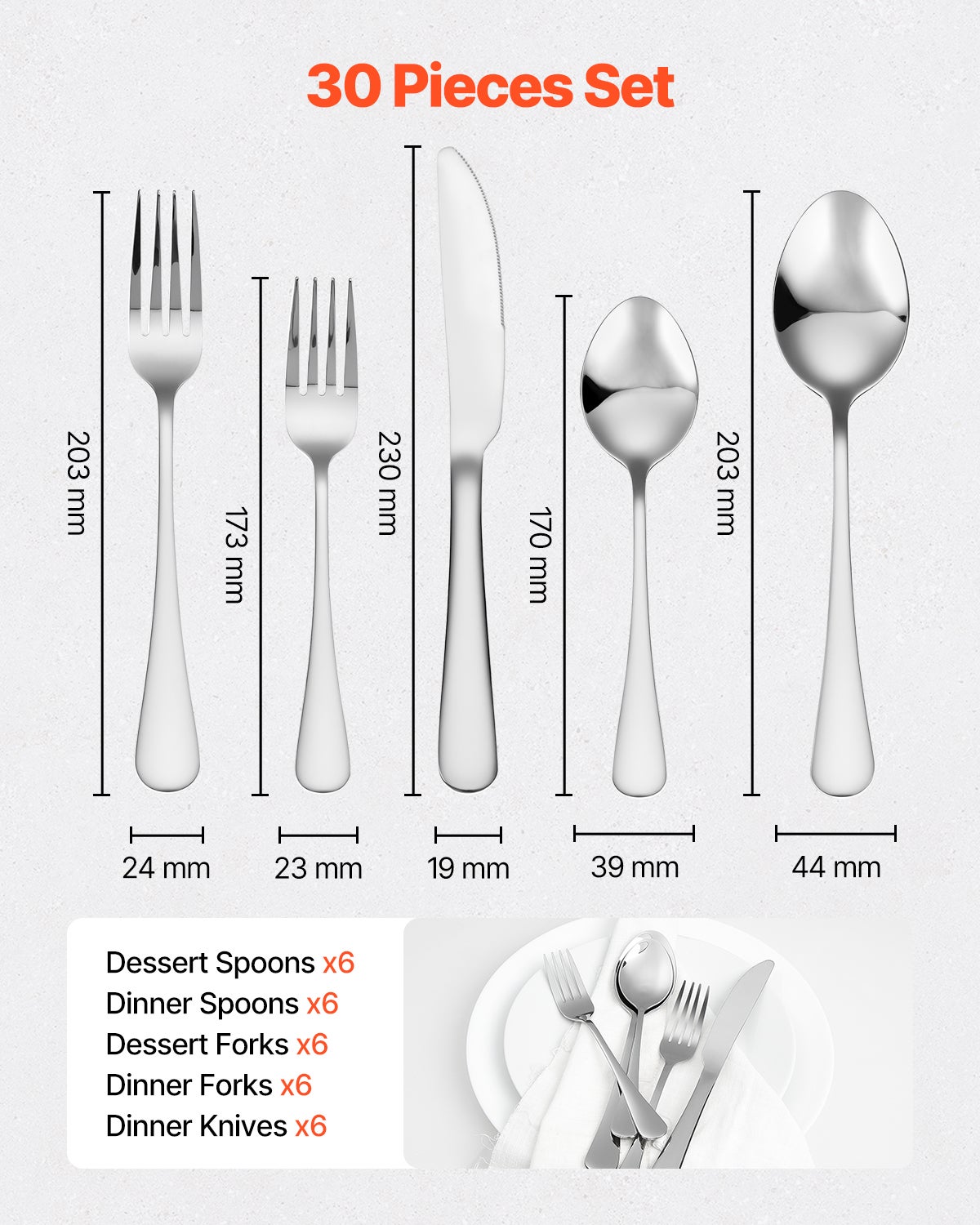 Juego de Cubiertos 30 Piezas,VEVOR Cubertería Acero Inoxidable Alimentario,Acabado Espejo,Lavable en Lavavajillas,Cuchillo,Tenedor,para Cocina - 2