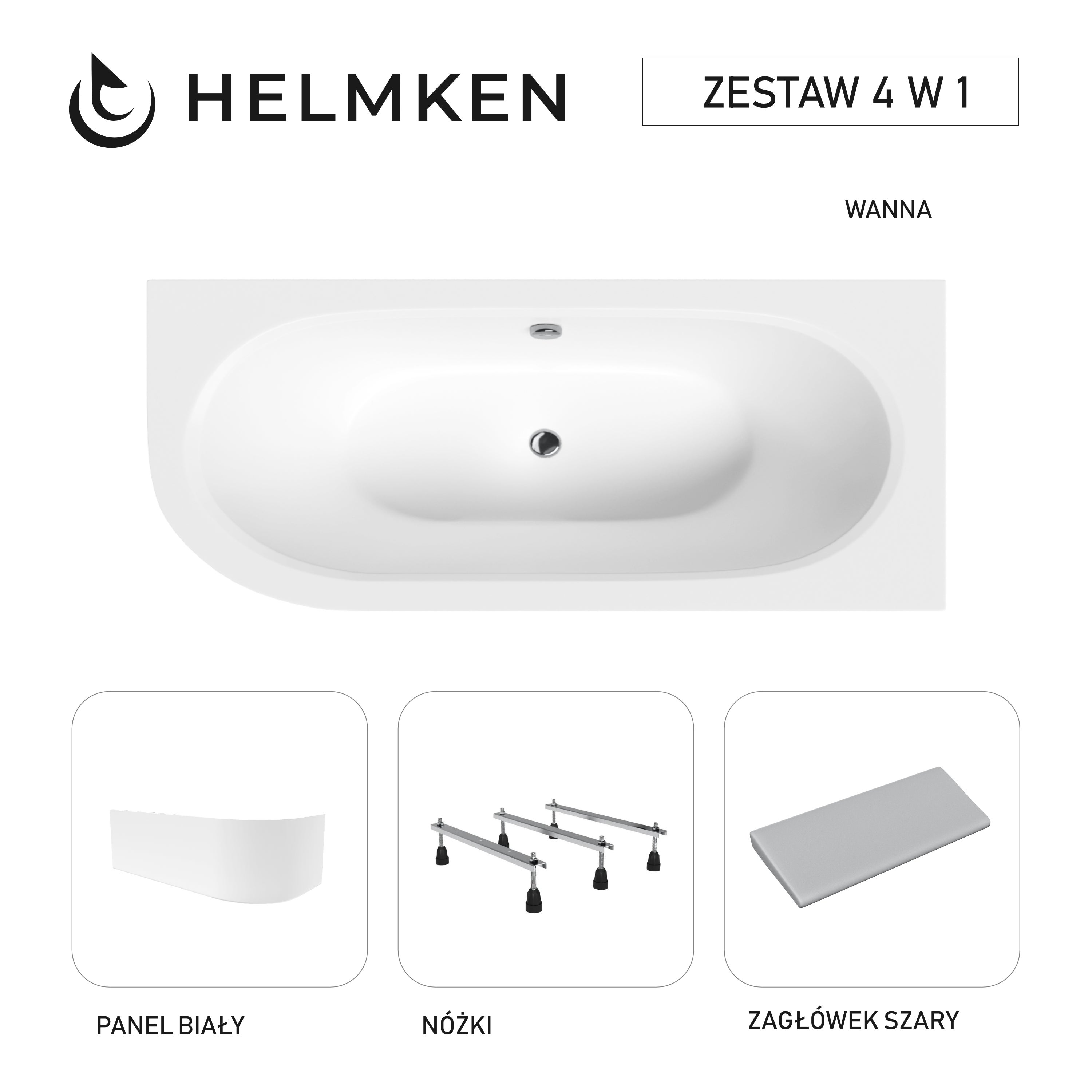 Wanna akrylowa Helmken Marbella Lux 180 x 80 Prawa + Panel biały + Zagłówek szary + Nóżki / 23092007ZW