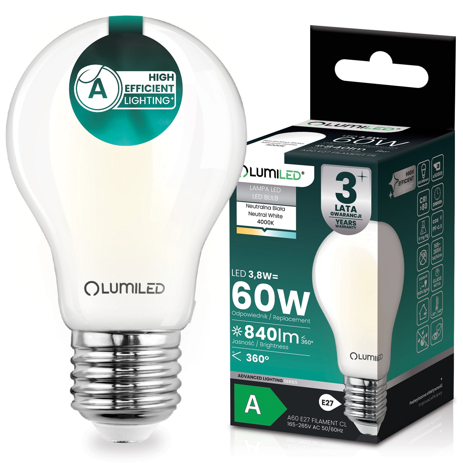 Żarówka LED Lumiled E27 A60 3.8W 840lm 4000K Neutralna biel 360st Filament KLASA A 1 szt.