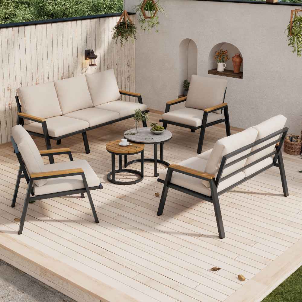 Set lounge de jardin 3+2 avec coussins confortables, 2 fauteuils, 2 tables, verre marbré et bois synthétique, acier galvanisé - 2