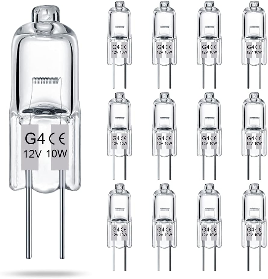 Żarówki G4, opakowanie 12 szt., żarówki halogenowe przezroczyste, 2 bolce, 12 V 10 W, trzonek G4, 140 lm, ściemnialne.