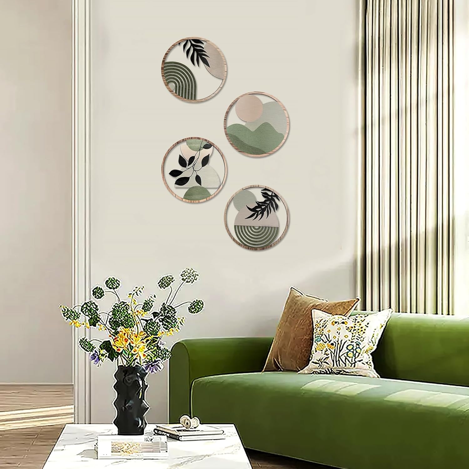 4 Pièces Décoration Murale Bohème en Bois Décoration Murale de Ferme Moderne Art Mural Boho Vert Pour Mural Art Déco Salon Ferme Nursery - 4