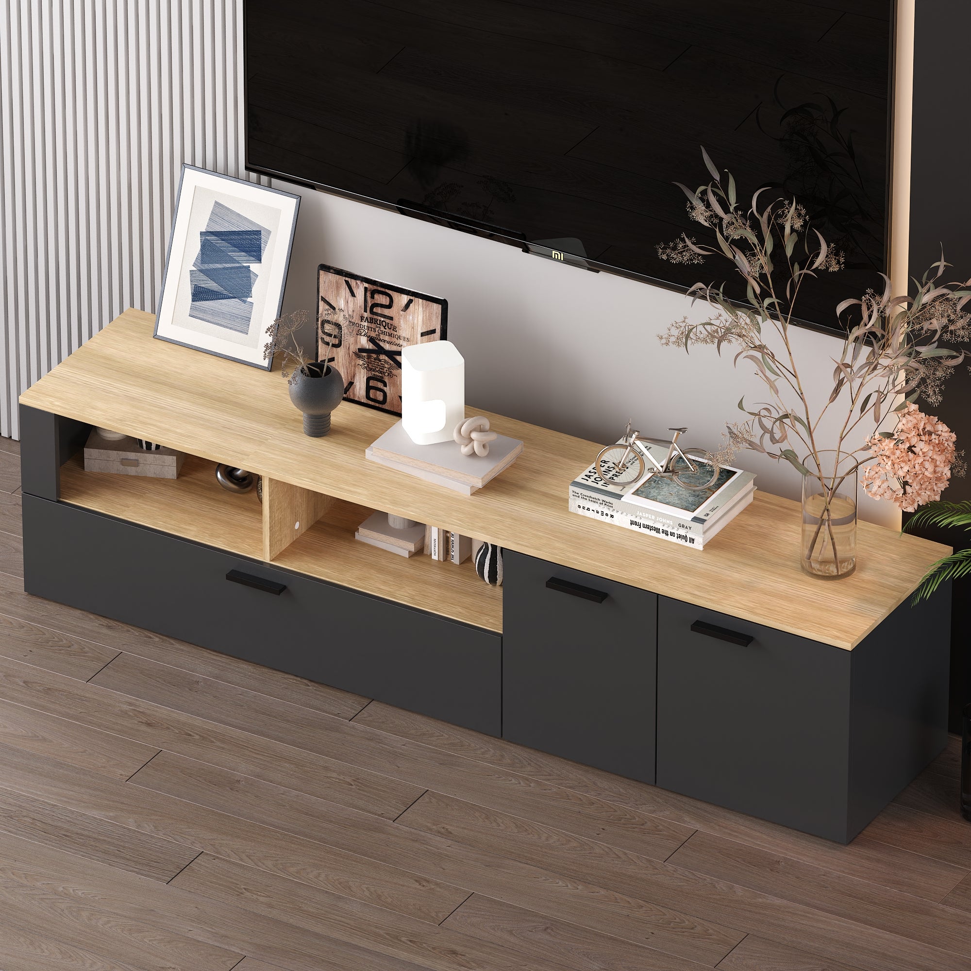 Meuble TV en gris foncé&bois naturel,7 espaces de rangement,3 portes à gauche et à droite,dispositif anti-basculement,180x40x40,5cm - 4