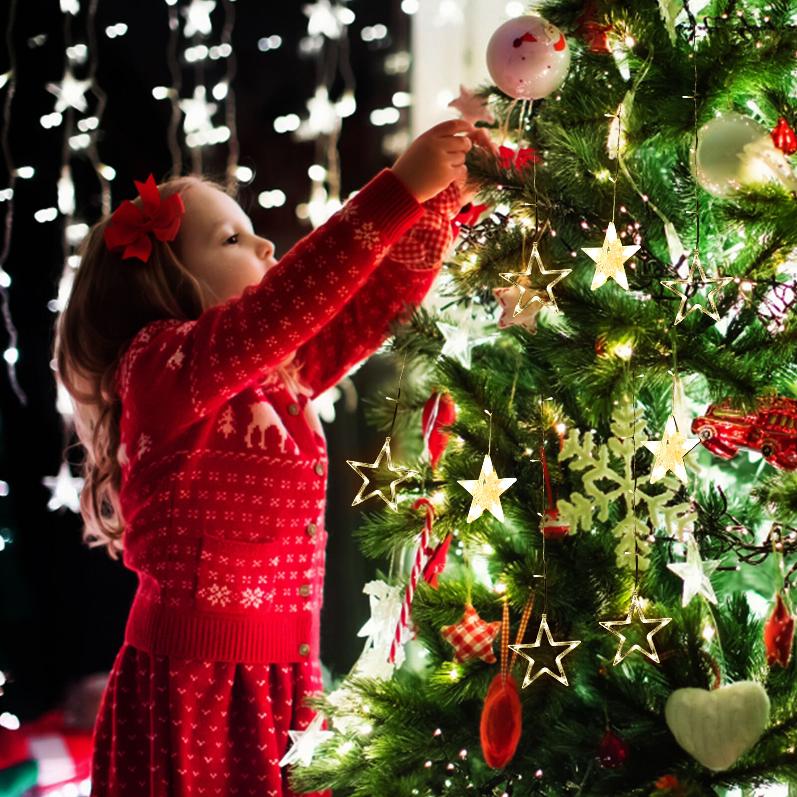 138 LED Guirlandes lumineuses Étoiles Rideau Lumineux Intérieur/Extérieur 8 Modes rideaux elumières décoratives de jardin plein air Noël Fête - 9