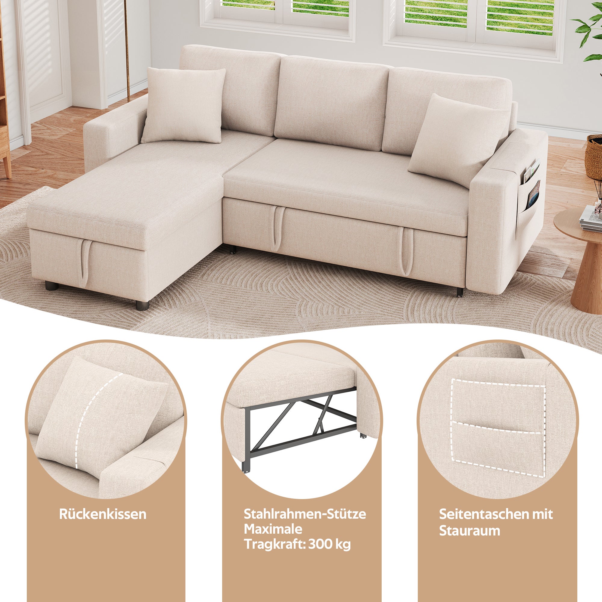Canapé d'angle convertible réversible 4 places, Tissu en Lin,L219,canape convertible avec coffre de rangement,canapé en L,beige - 6