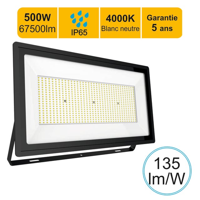 Projecteur LED pro haute puissance 500W 67500lm 135lm/W 4000K IP65 - câble 1M - garantie 5 ans