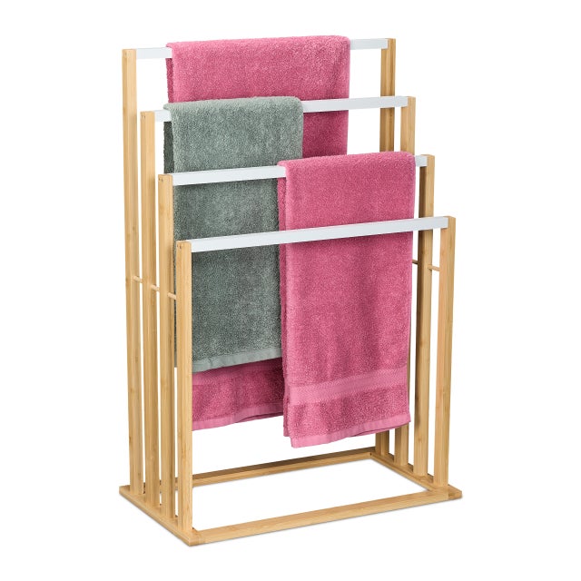 Relaxdays Porte-serviettes en bambou, 4 barres en quinconce, H x L x P : 82 x 55 x 31 cm, salle de bain, nature et blanc