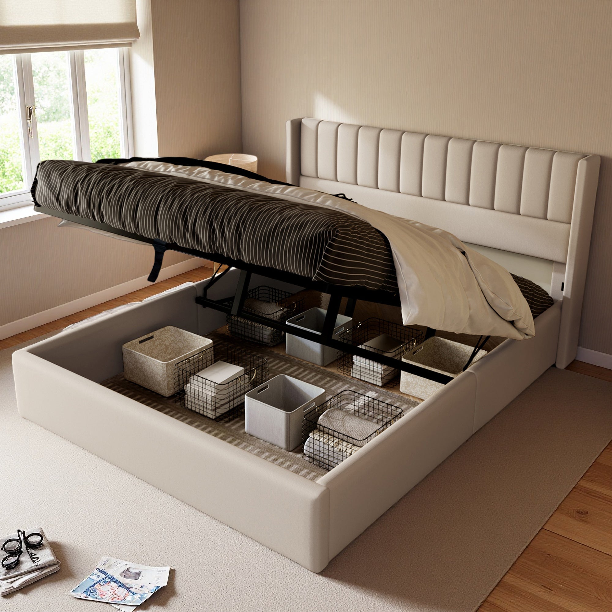 Lit coffre 160x200 cm avec hydraulique, cadre de lit double avec sommier à lattes, lit adulte, tissu en lin, 160x200 cm, beige - 3