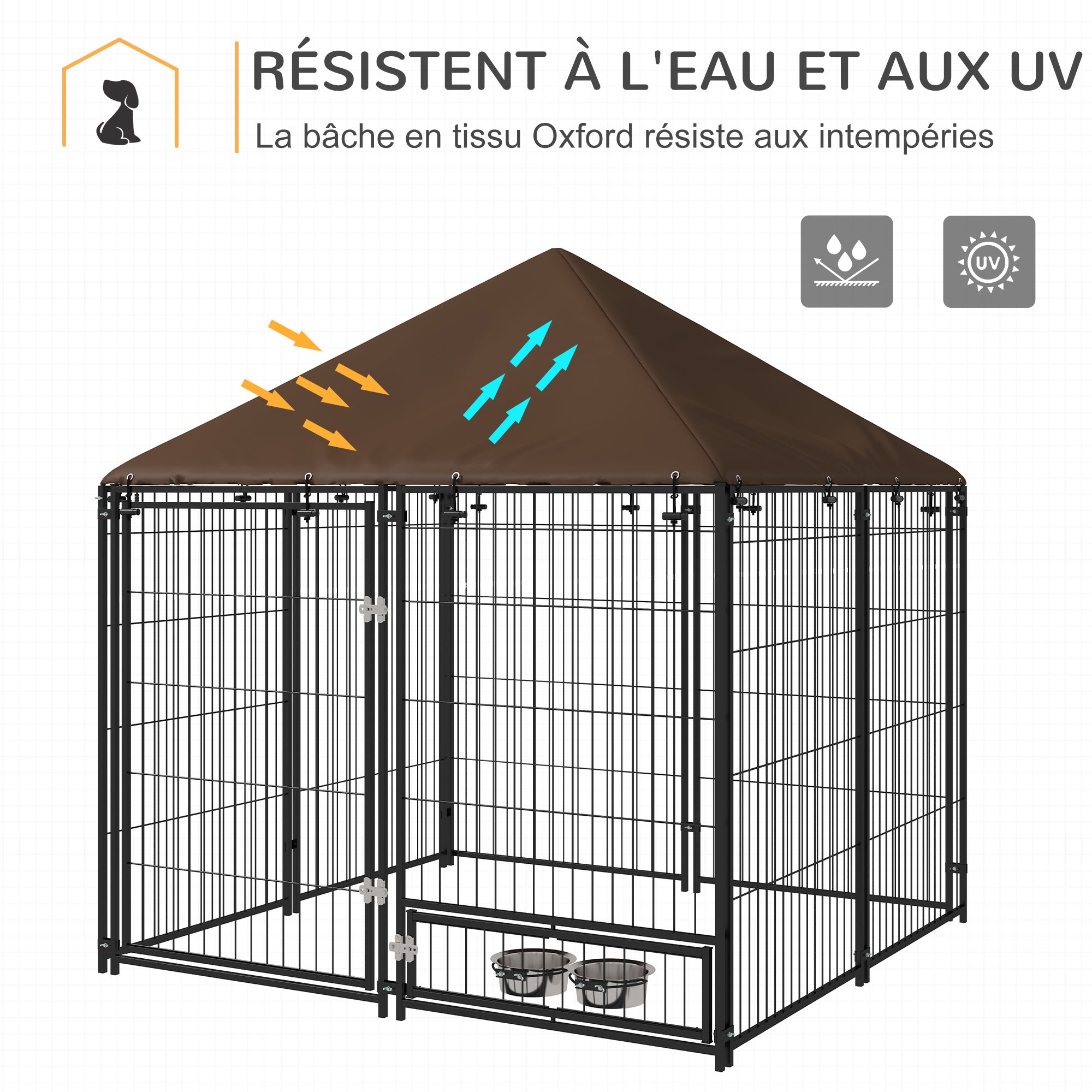 Chenil extérieur pour chiens - PawHut - support gamelle toit résistant intempéries espace spacieux - métal - 141x141x151cm - noir - 5