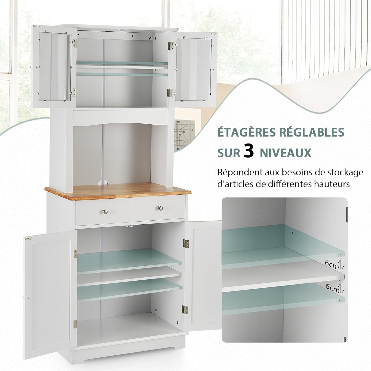 Mobile dispensa da cucina autoportante, Buffet con Piano in Legno, Credenza e 2 Cassetti, Ripiani Regolabili, Armadietto con Ante in Vetro, Sp - 6