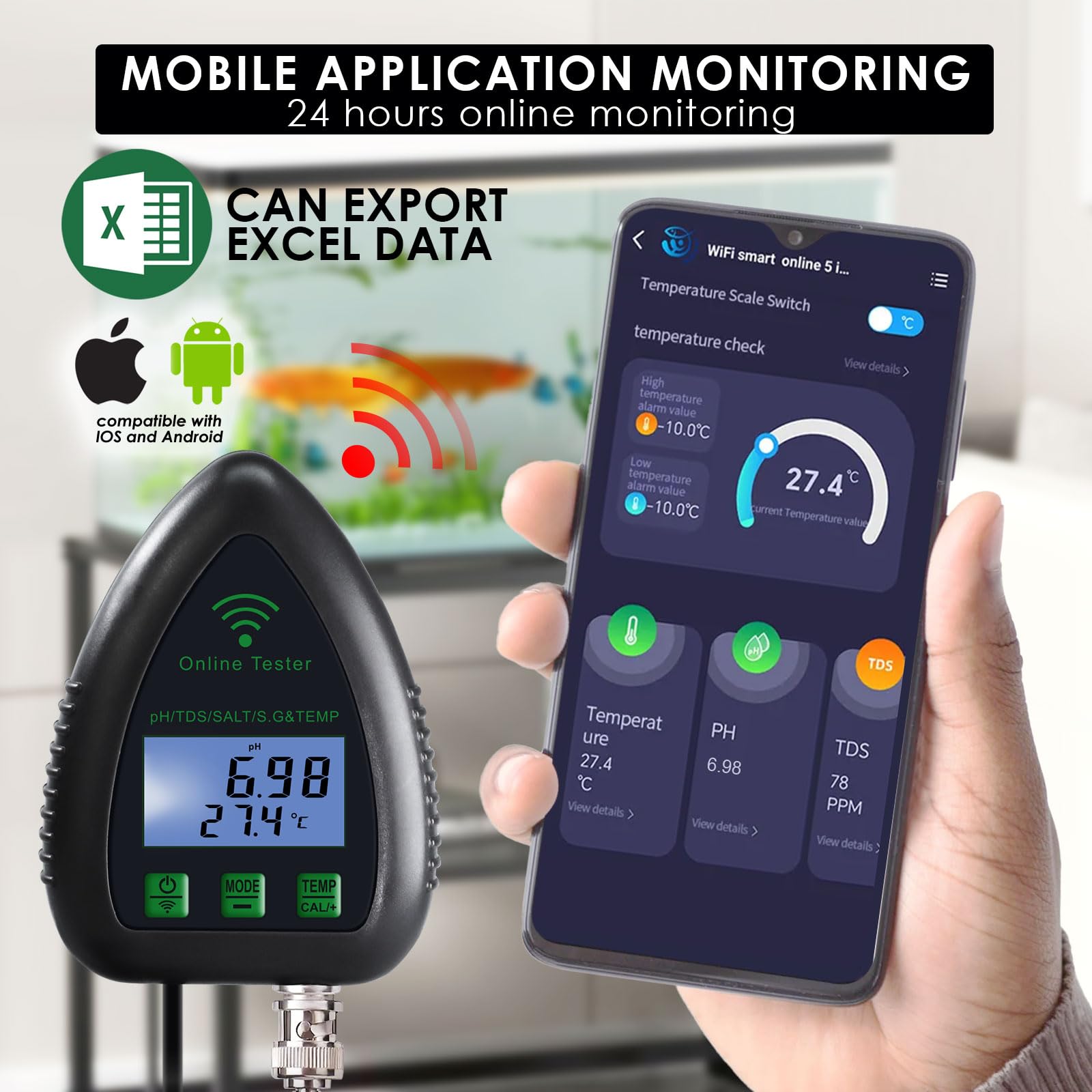 Testeur de qualité de l'eau Tuya WIFI 5 en 1, surveillance en ligne du pH/TDS/salinité/SG/température, facile à calibrer, avec fonction d'alarme - 4