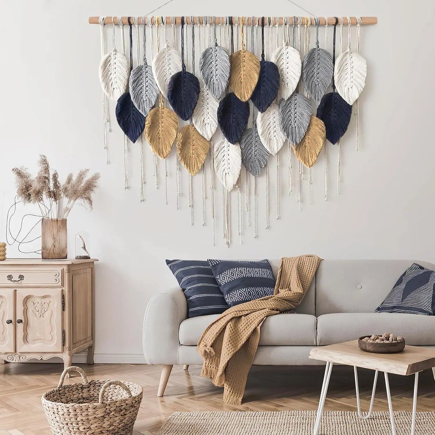 Grande tapisserie murale bohème en macramé à motif de feuilles avec pompons - Décoration artisanale multicolore pour salon ou chambre - 3