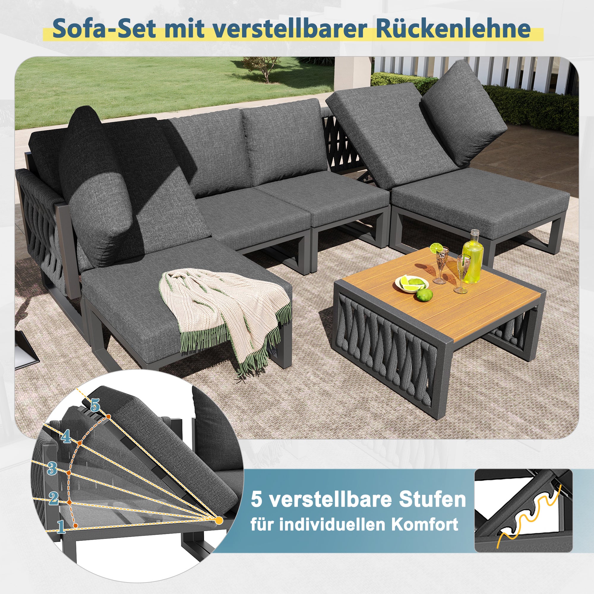 Salon de Jardin Exterieur,pour 6 personnes,Ensemble de canapé de jardin,Chaise longue double d'extérieur avec coussin,angle du dossier réglable,Gris - 9