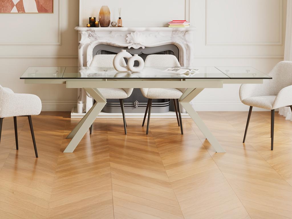 Rozkładany stół jadalniany dla 6-8 osób ze szkła hartowanego i beżowego metalu - Przezroczysty - VELIKA