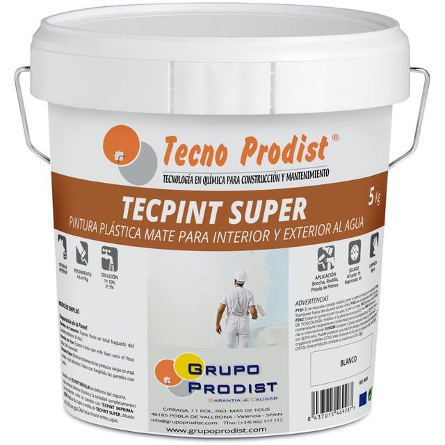 TECPINT SUPER de Tecno Prodist - Peinture à l'Eau pour Extérieur et Intérieur - Grande blancheur - Lavable - Application Facile - Blanc - 5 Kg