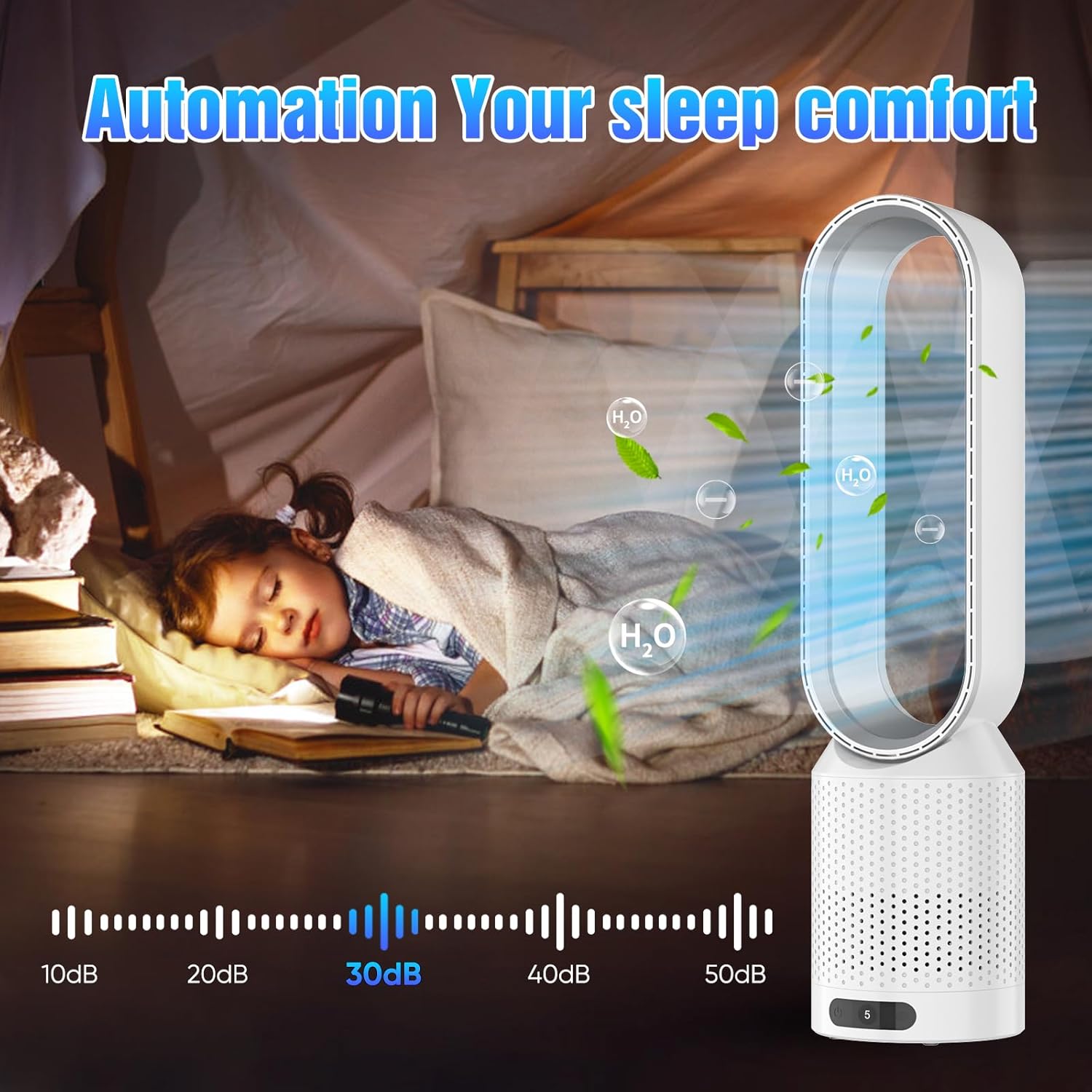 Ventilateur tour 2 en 1,Très silencieux et purificateur d'air,Ventilateur sans rotation,Avec télécommande,8 vitesses,Oscillation à 90°(Argenté) - 5