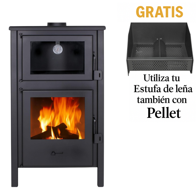 Estufa de Leña + Convertidor a pellets gratis con Horno QUARTZ 12.4 kW, 210 m³, Salida 120 mm Acero y Vermiculita