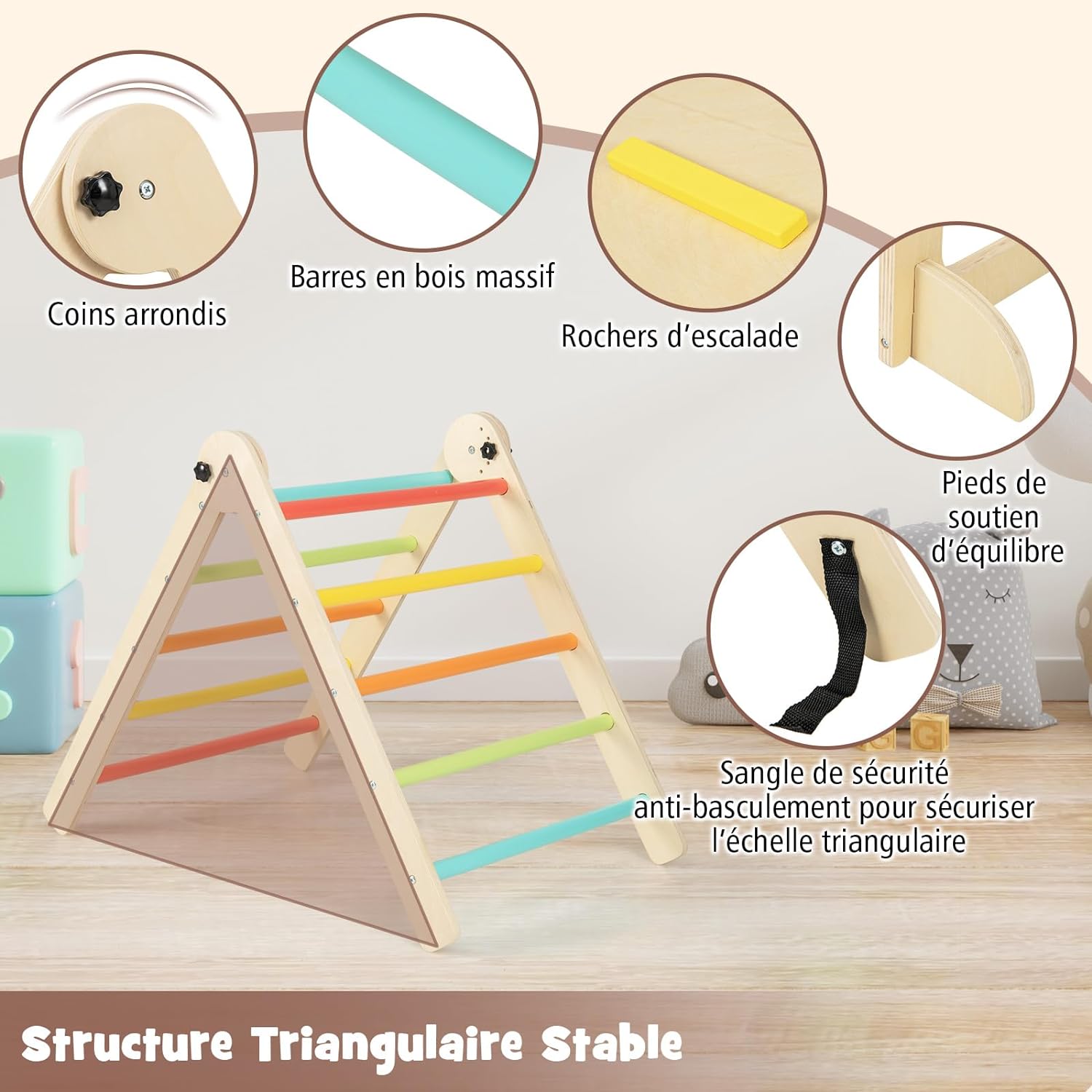 7 en 1 Triangle d'escalade Montessori avec Rampe Réversible, en Bois avec Tableau Noir, Table et Chaise, Charge 60kg (Multicolore) - 7