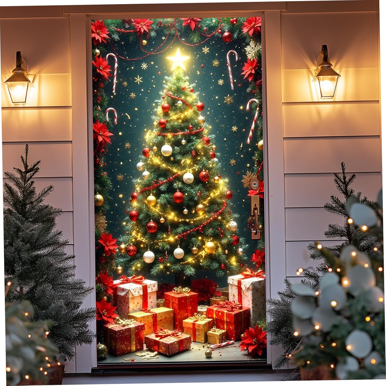 Cubierta navideña para puerta de 90 x 180 cm, decoración navideña para puerta con ojales, elástica y lavable para fiestas en casa. - 2