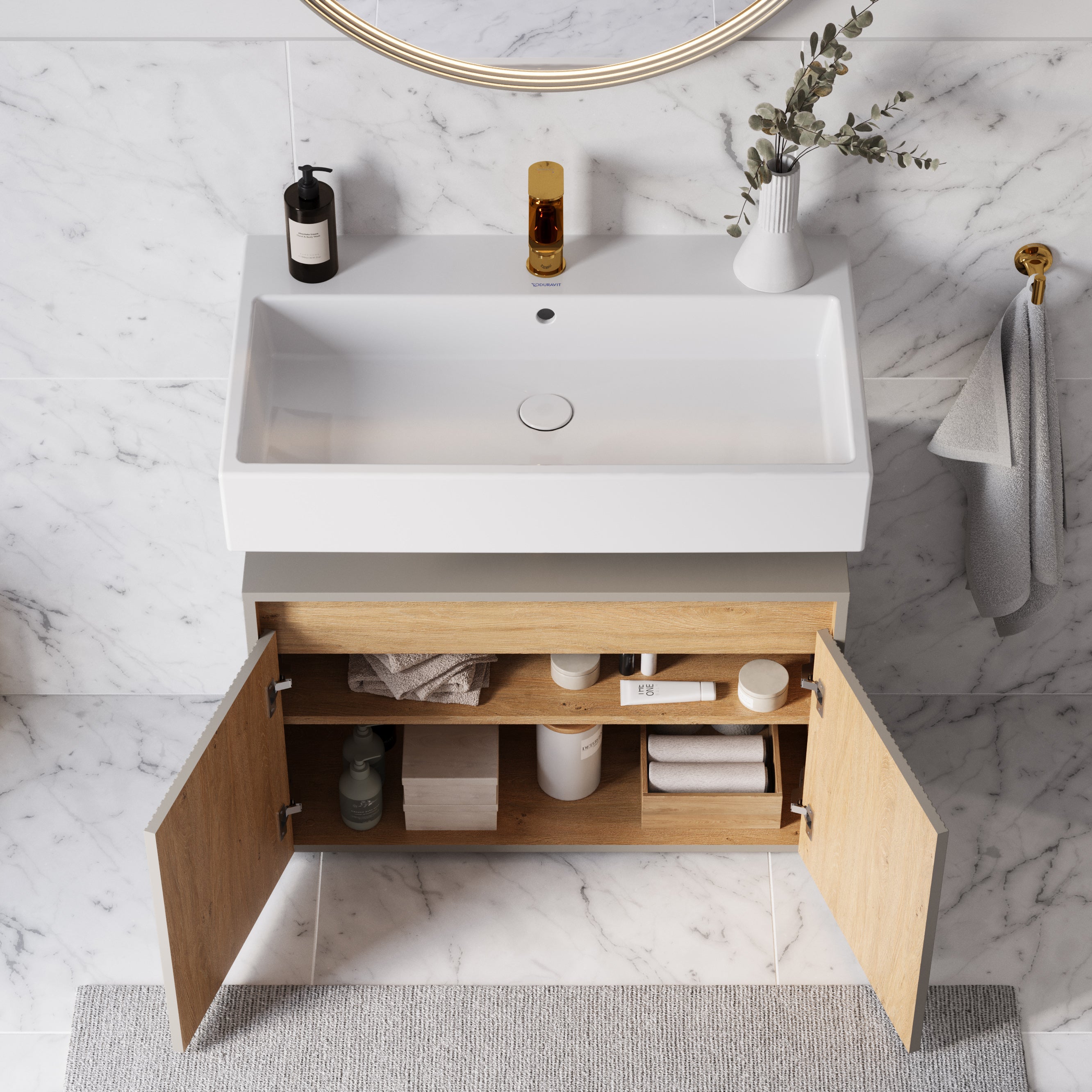 BERNSTEIN - Meuble sous vasque à poser MDF Gris soie mat 80x35x54cm (LxPxH) + 2 portes - BELDIVO - 3