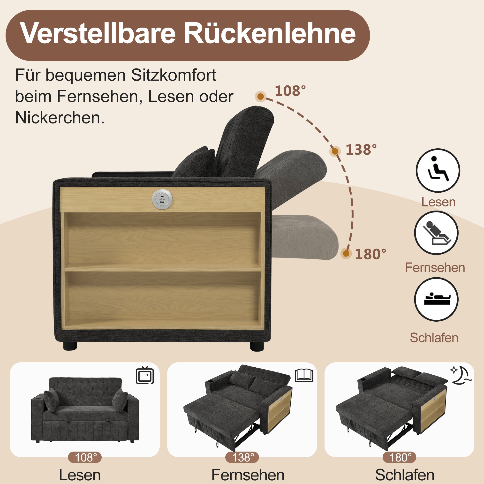 Canapé convertible 2 places, Canapé-lit pliant en chenille - 140 x 71.5/137 x 84 cm - avec fonction sommeil et prise de charge - Gris - 5