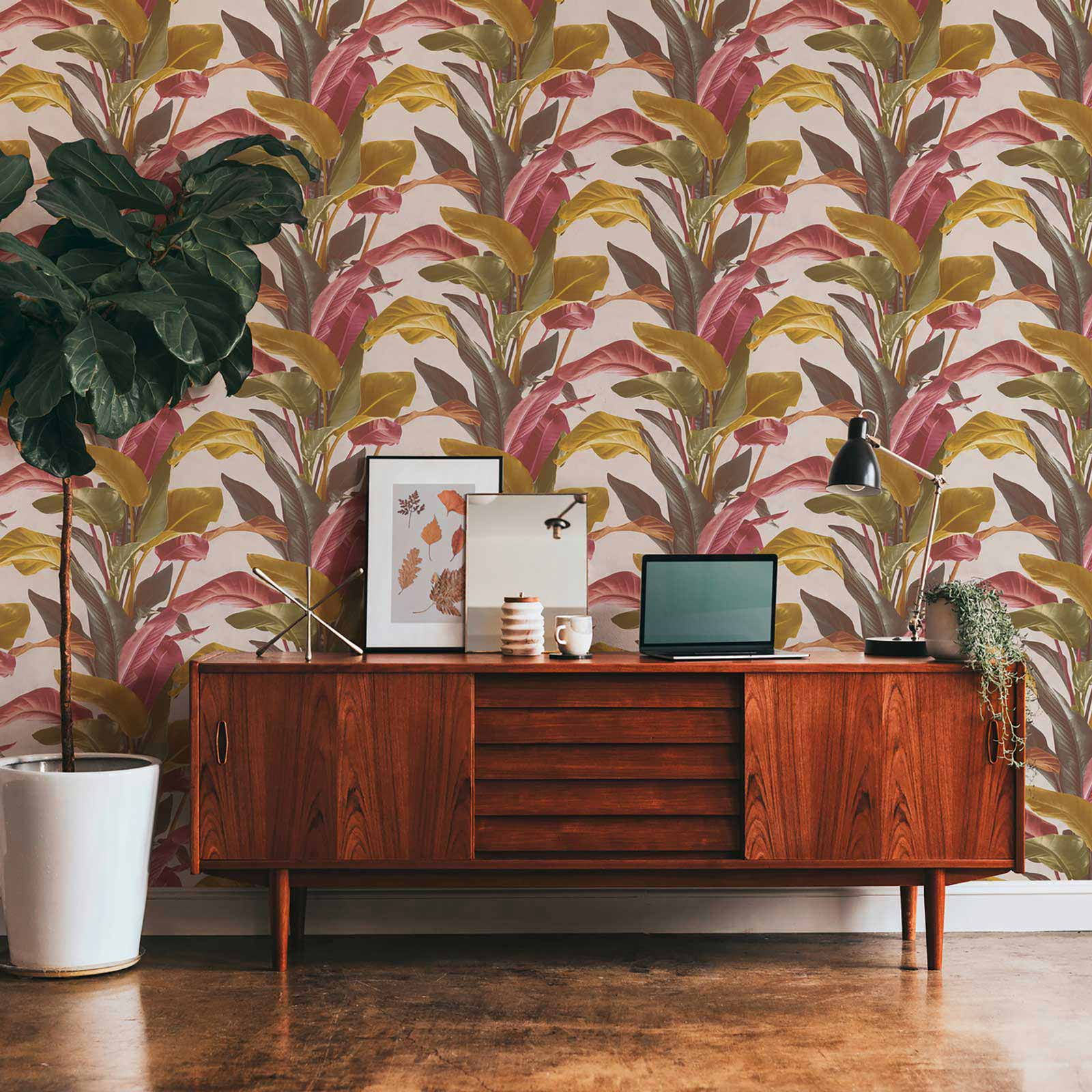 Papel pintado rosa palo con plantas y hojas papel pintado tropical rosa, amarillo y verde papel pintado moderno retro