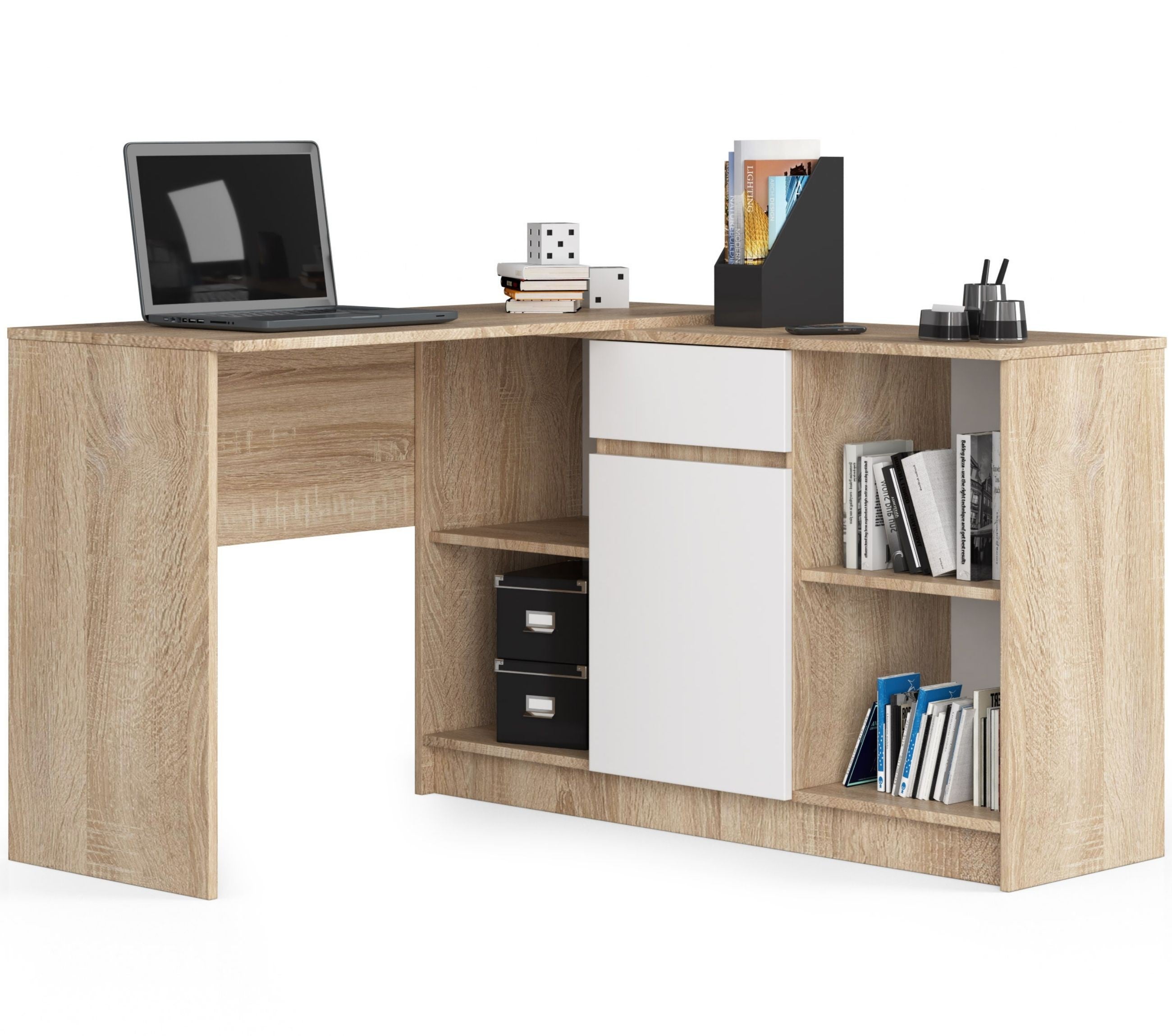 Biurko narożne AKORD B17 Dąb Sonoma 120 cm Zestaw z komodą 1 drzwi 1 szuflada kolor Biały mat 6 półek 120x126x79 cm