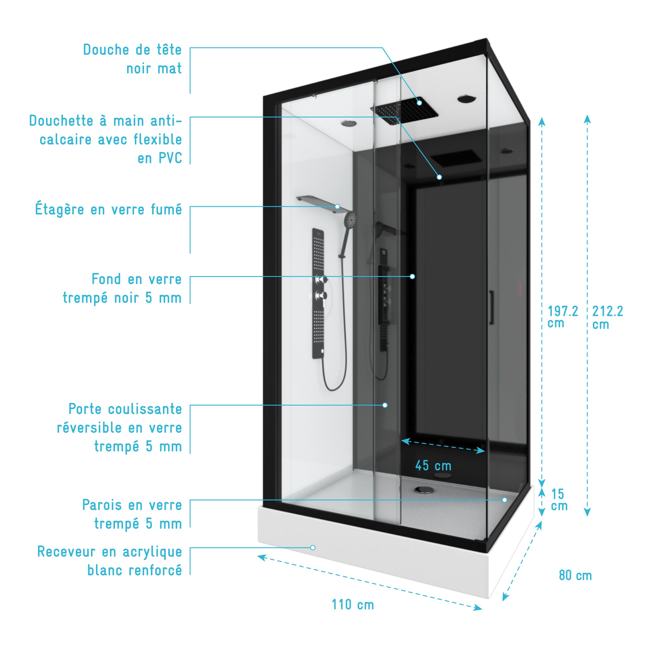 Cabine de douche 110x80x215cm - Verre Trempé - Mitigeur Chrome - DUALITY 3 RECTANGLE - 4