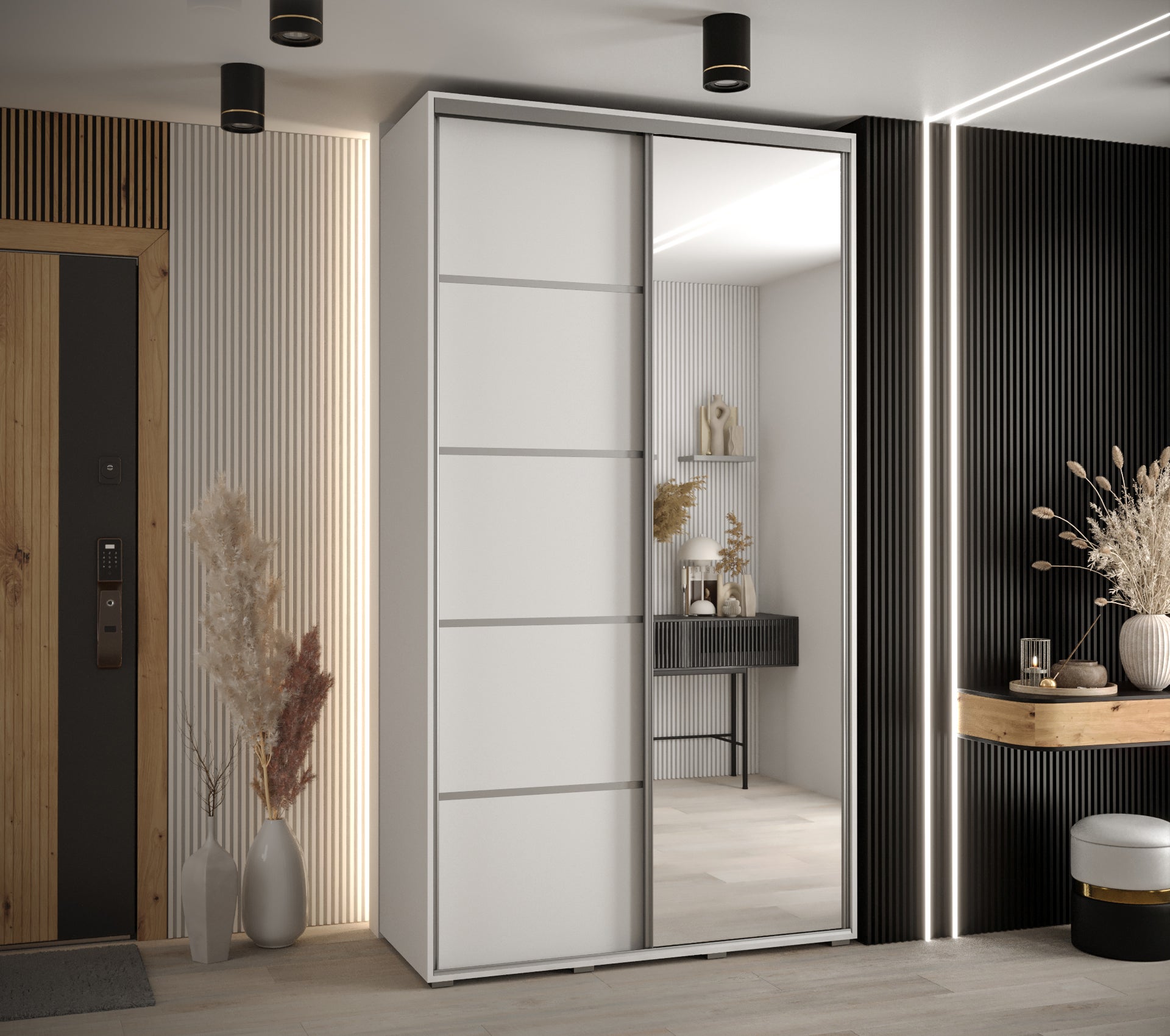 Szafa przesuwna z lustrem wysoka Davos 5 140 x 45 x 235,2 cm biały + biały + u. srebrny - Abiks Meble - 2