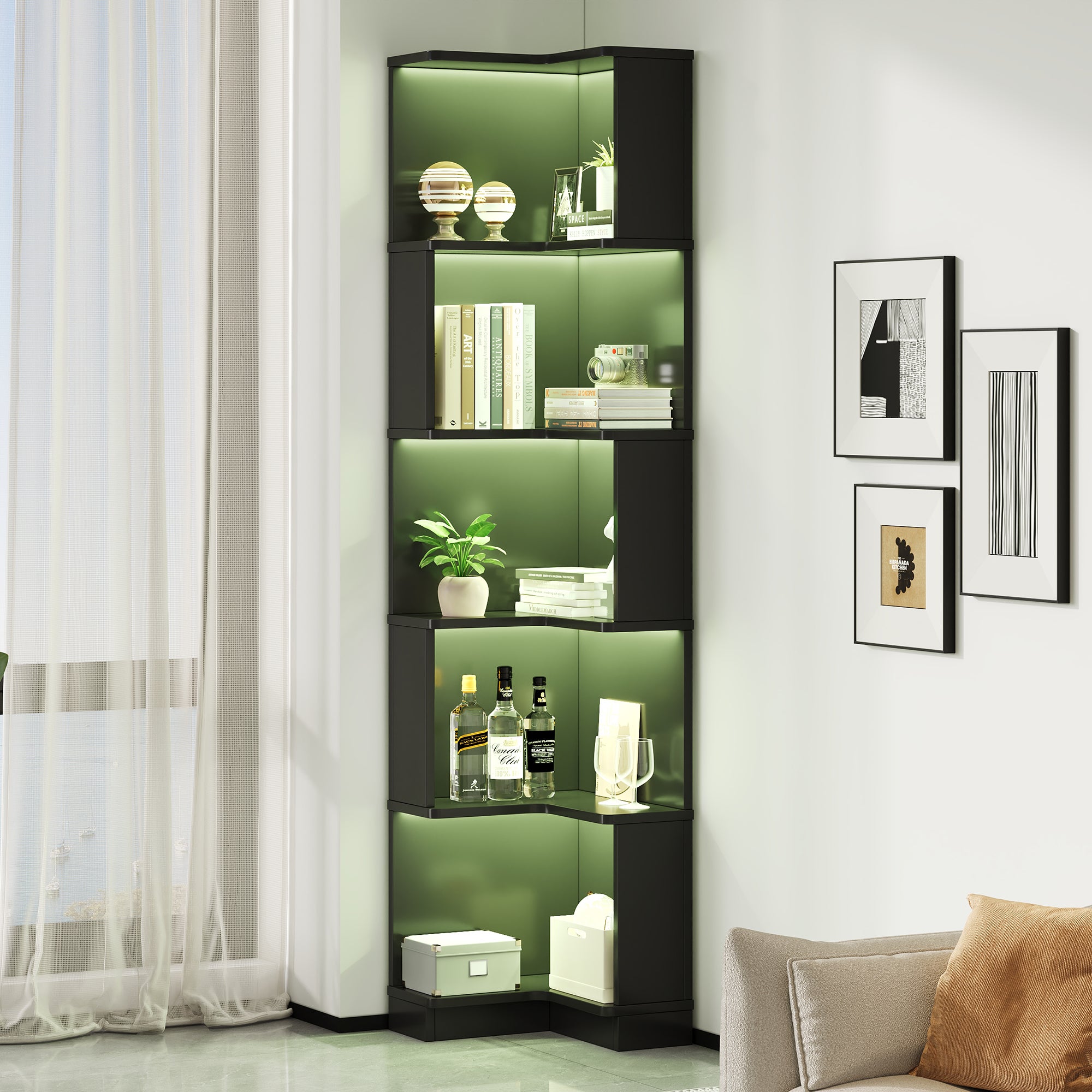 Libreria angolare con 5 ripiani - 63,5 x 45 x 175 cm - MDF - LED cambia colore - Nero - 6