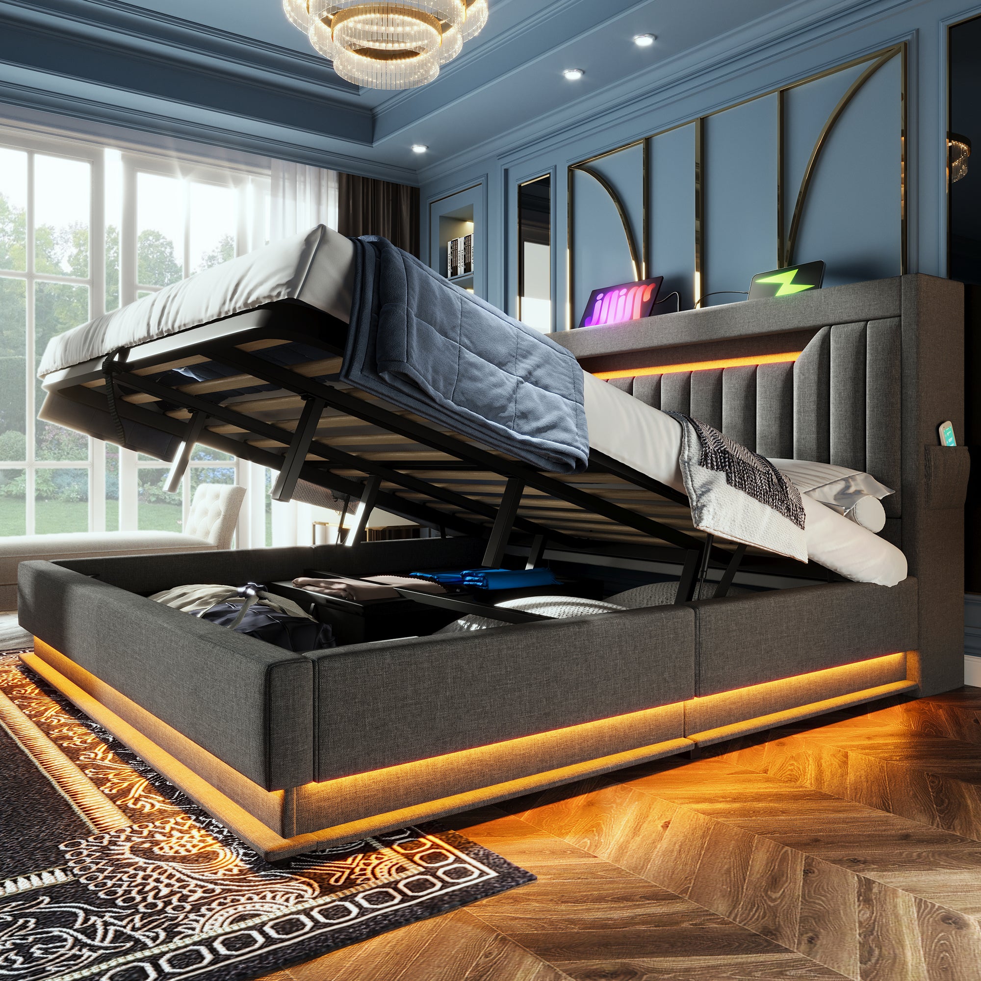 Cama con almacenaje tapizada 140x200cm - con LED - con puertos USB y Tipo C - Tejido de lino - Cabecero con espacio de almacenaje - Gris - 3