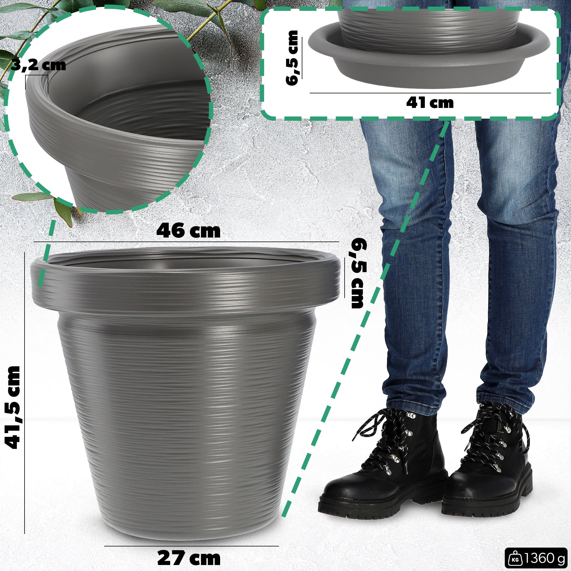 Vaso de flores KADAX Vaso de flores com tampa de 46 cm com suporte para plantas antracite - 2