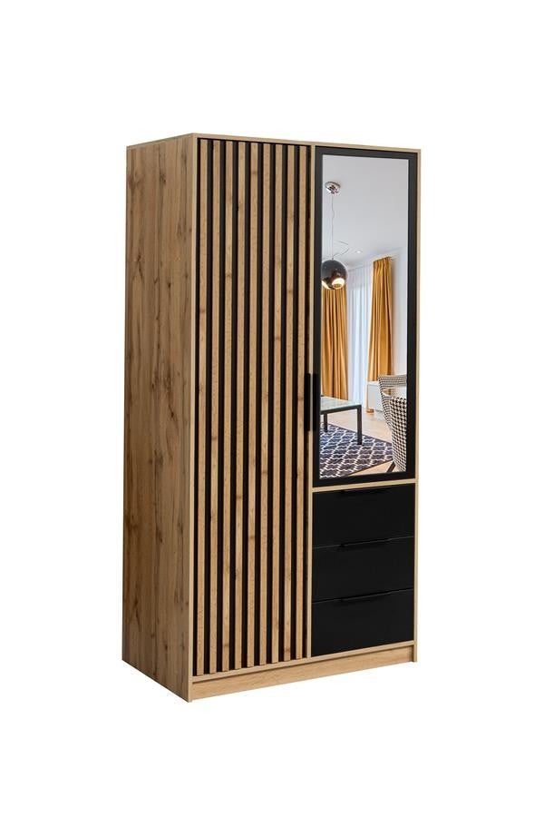 Elegancka szafa BALL LUX 2D z lustrem i czarnymi uchwytami – czarny/wotan, 100 cm