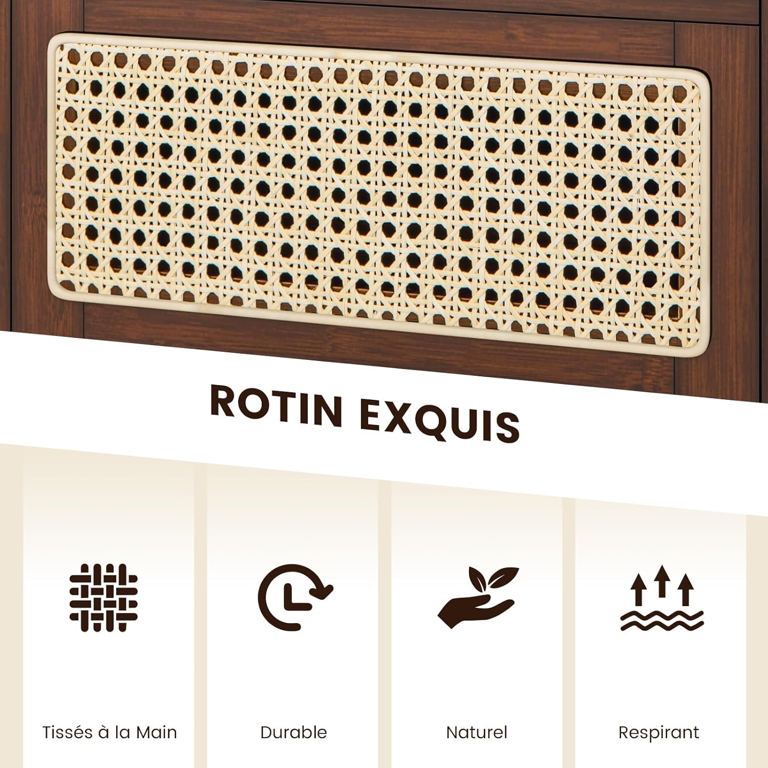 Comodino in Bambù e Rattan 43 x 35 x 50 cm, Tavolino Moderno con Piano in Vetro, Cassetto, Mobile Salvaspazio per Ufficio e Soggiorno (2, Marr - 2