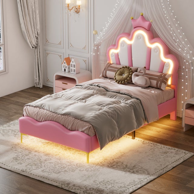 Cama de 90 x 190 cm - Cama infantil de 90x190 cm con corona - Cama acolchada con LED y el pie de cama - Cama de princesa de PU - Rosa