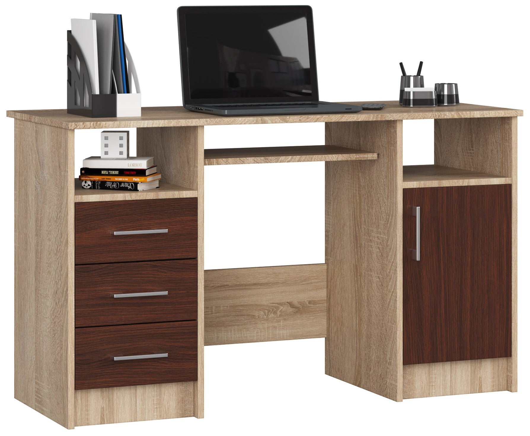 Biurko: 3 szuflady, dąb Sonoma | wenge, 124 x 74 x 52 cm