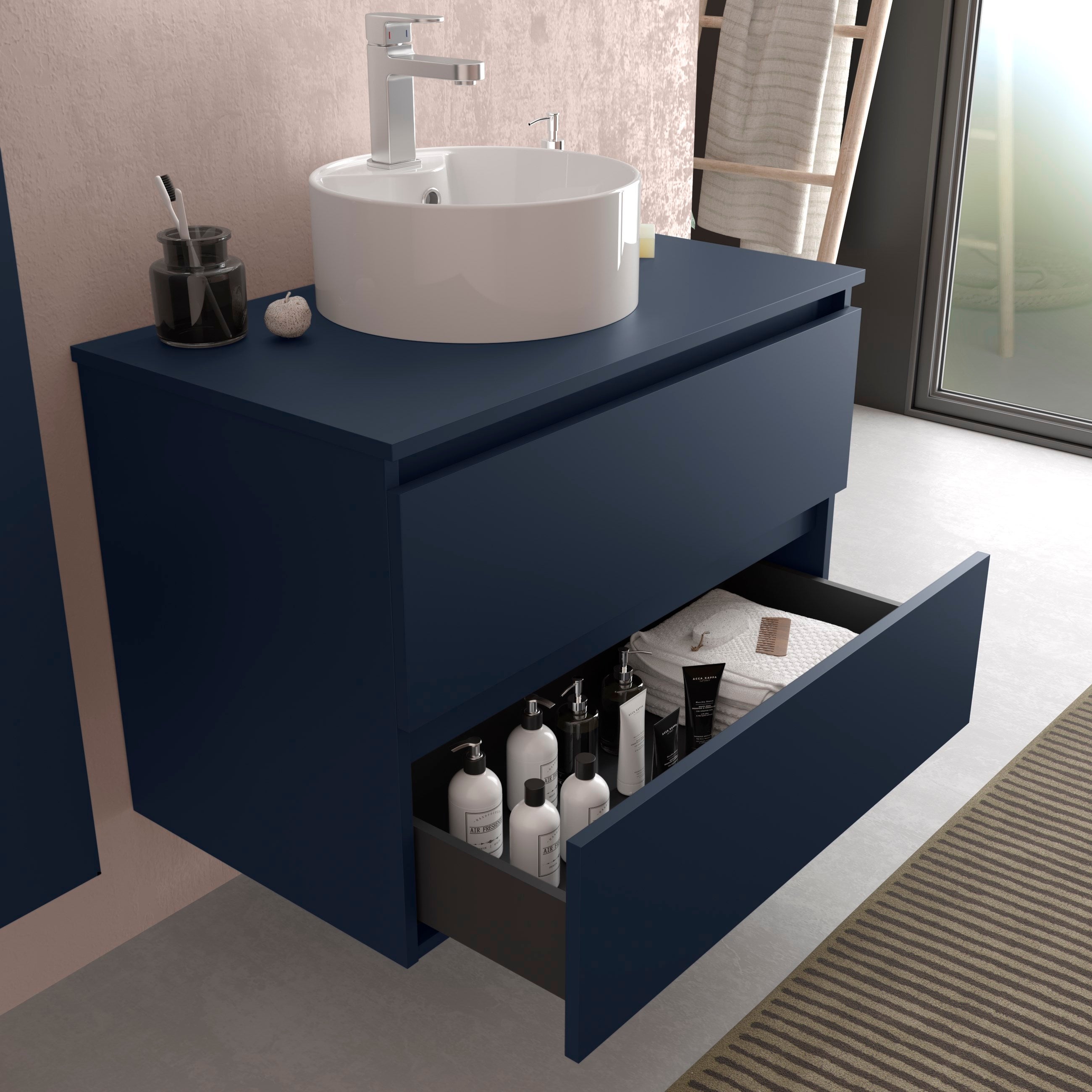 Meuble de salle de bain BEQUIA 120cm Bleu mat | Avec plan toilette (vasque non incluse) - 2