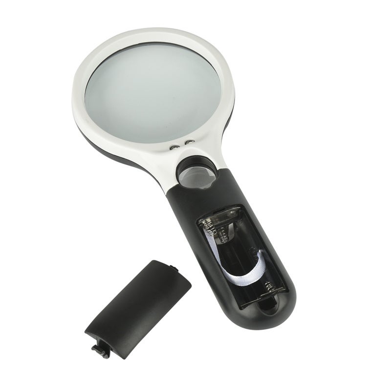 Podświetlana czarno-biała lupa z podwójnymi szklanymi soczewkami, mocna i przenośna lampa 3-LED, idealna do czytania, kontroli i spraw prawnych.
