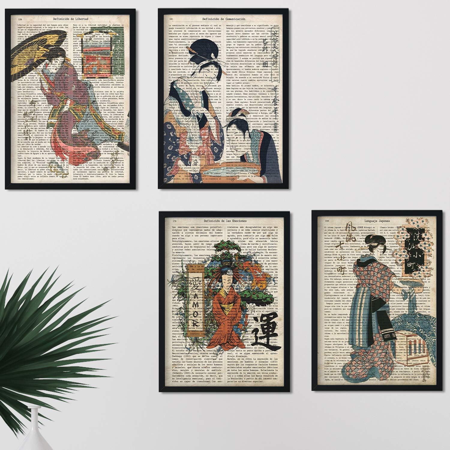 Pack de cuatro láminas vintage japonesas con definiciones lenguaje japones, comunicacion, emociones y libertad sin marco - a4